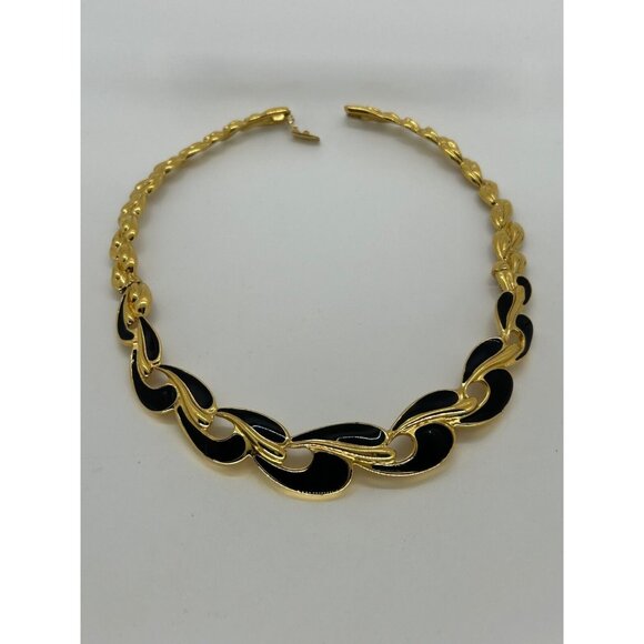 Trifari Collar Necklace Gold Tone Black Enamel Panel Vintage Box Clasp - Picture 4 of 14
